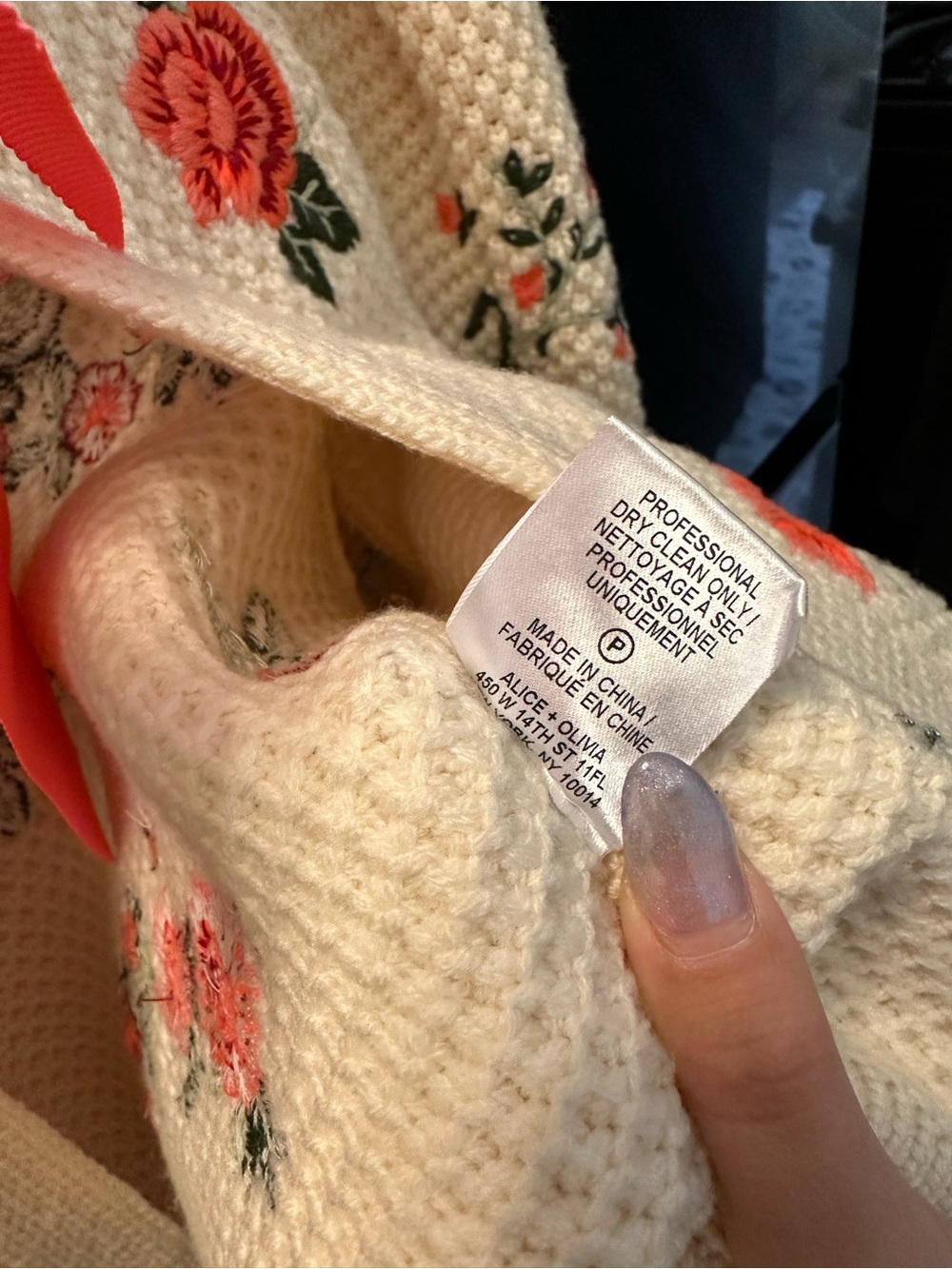 Alice + Olivia Cream Cardigan with Coral Floral Embroidery and Pink Bow - Picture 4 of 9